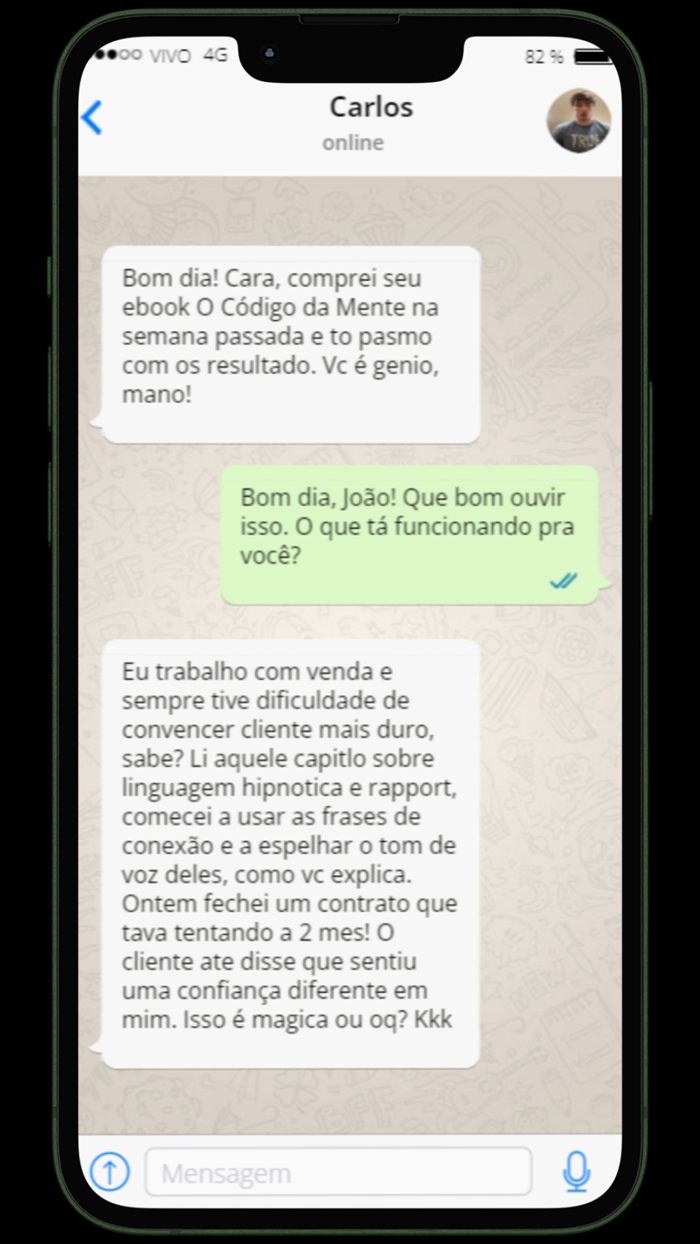 Depoimento de Carlos: usou técnicas de rapport e linguagem hipnótica do livro para fechar um contrato que tentava havia 2 meses.