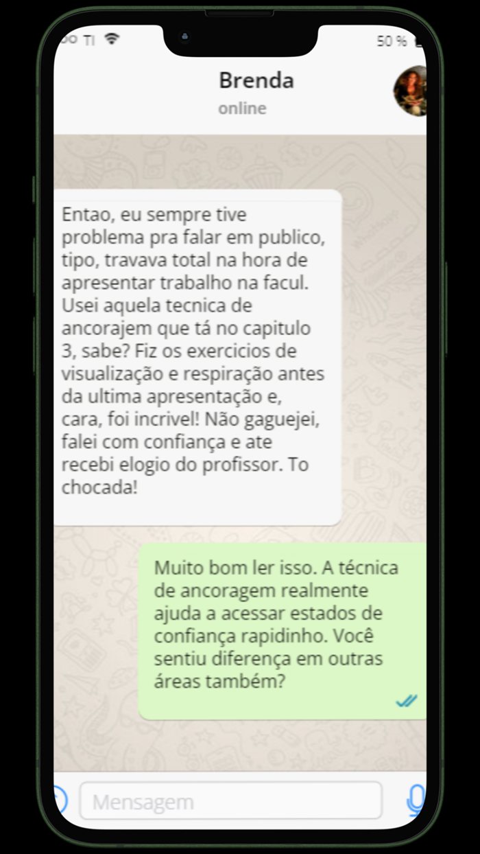 Depoimento de Brenda: usou a técnica de ancoragem do capítulo 3 para ganhar confiança antes de uma apresentação e foi elogiada pelo professor.